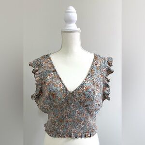 Patrons of Peace Womens L Blue Orange Floral Flutter Sleeve Crop Top Boho Y2K